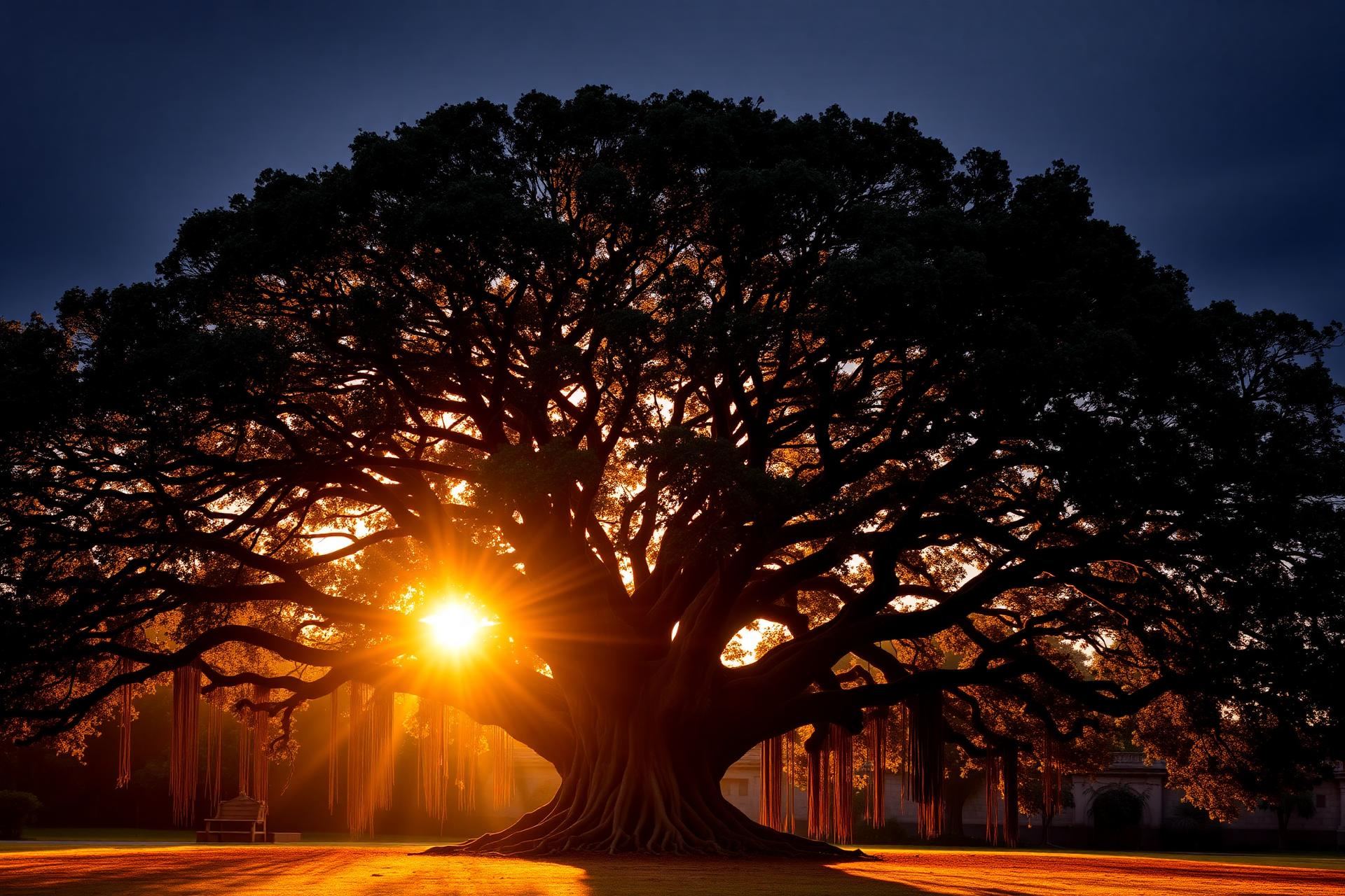 Ancient banyan tree at golden sunrise